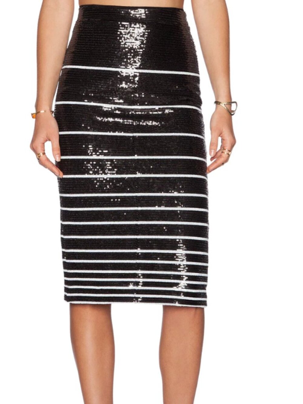 Alice + Olivia Rue Sequin Stripe Pencil Skirt Black White Midi Size 4
